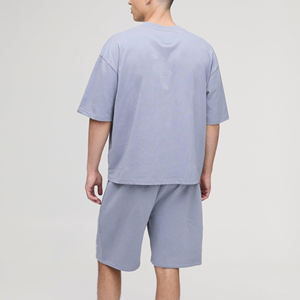 Vente en gros 100% coton Ensemble t-shirt et short à manches courtes pour hommes 2 pièces Survêtement Couleur unie Vêtements décontractés Ensemble de jogging ample pour homme - Product Image 3