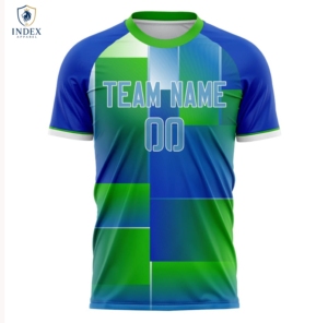 Maillot de football sublimé INDEX APPAREL pour homme, col rond, manches courtes, bleu-vert, blocs de couleur, anti-humidité, coupe athlétique - Product Image 1
