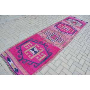 Tapis Turc Vintage Authentique 3 X 11.2ft Boho Jacquard Technique Patchwork Abstrait Rose Bleu Laine Latex pour Couloir Chambre Décor - Product Image 2