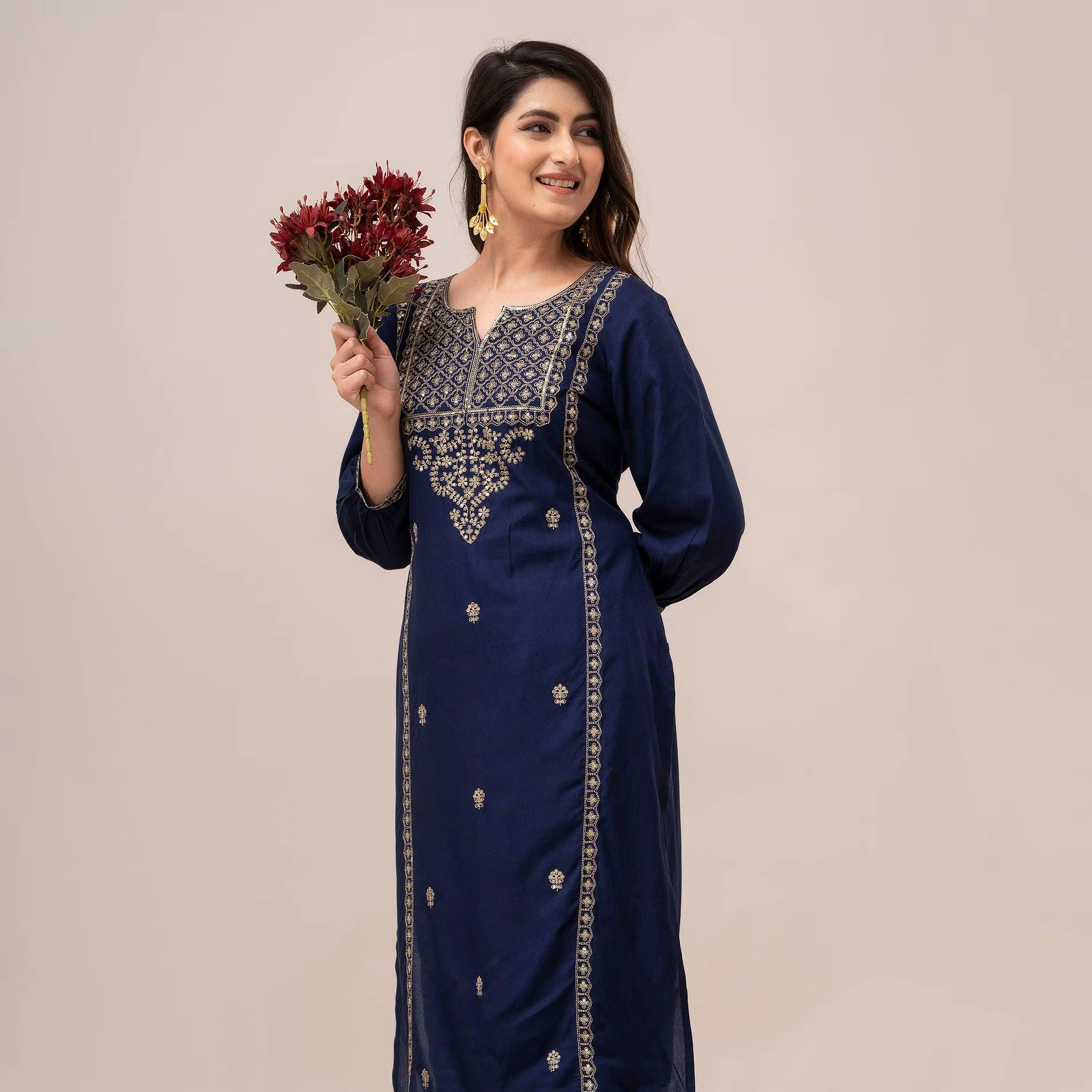 white christmas dresses Women's Blue Printed Tiered Dress With Detailed Yoke – Trendia main image 1