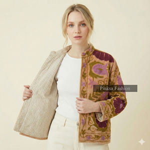 Chaqueta de punto de terciopelo de algodón Suzani |   Abrigo Bohemio para Mujer Otoño/Invierno |   Patrón Floral Bordado Transpirable y Resistente al Viento - Product Image 2