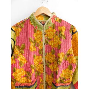 Veste Kantha en coton vintage multicolore pour femmes indiennes partywear main bloc imprimé floral manteau - Product Image 3