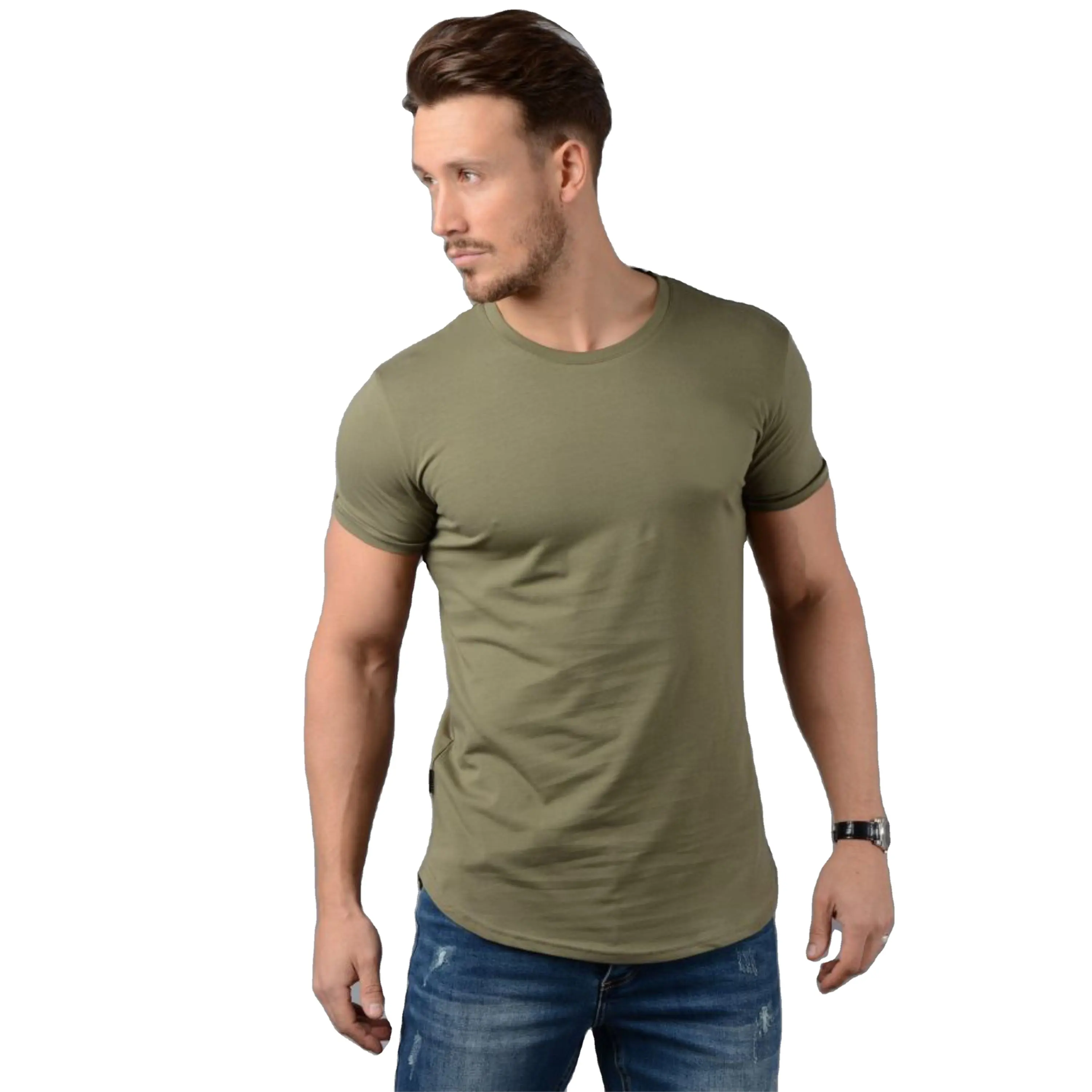 Camiseta 2022 New 95% Cotton 5% Elastane Mens Slim Fit Longline Tee Shirt Longer Drop Curved Hem Muscle Slim Fitted Gym Tshirt