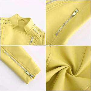 Chaquetas de mujer de cuero amarillo claro Slim Fit Moto estilo tachonado hombros asimétrico Zip Biker prendas de vestir exteriores con bolsillos con cremallera - Product Image 5