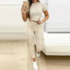 Nueva ropa deportiva para mujer, conjunto a juego con cordón de bolsillo, ajustado Multicolor Top corto, pantalones de tubo, traje de mujer, ropa de descanso de verano, trajes - Product Image 5