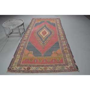 Vintage Turkish Rug, 4.9x11.7 ft Rug, <b>Red</b> Striped <b>Wool</b> Rug - Product Image 1