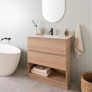 Ensemble de meuble-lavabo autoportant moderne avec miroir, personnalisé par JY Project, vente directe du Vietnam, vasque en céramique de luxe, rangement, garantie 5 ans - Product Image 3