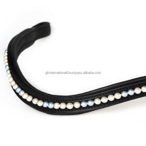 Banda Frontal para Caballo de Cuero Curtido Vegetal de Alta Calidad para Bridas Ecuestres, Personalizada con 1 Hilera de Perlas Crema y Azul Claro - Product Image 1