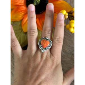 Southwest Handmade Turquoise Spiny Oyster Sterling <b>Silver</b> <b>Adjustable</b> Heart Statement <b>Ring</b> - Product Image 2