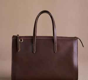 Sac à main fourre-tout vintage en cuir véritable marron foncé pour femme, style mode, avec deux anses, fermeture éclair, résistant à l'eau - Product Image 2