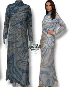 Robe de soirée de luxe pour femme, taille empire, longueur au sol, silhouette trapèze, ornée de perles, de cristaux et de diamants, broderie intégrée - Product Image 4