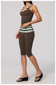 Custom 2026 Striped Halter <b>Crop</b> <b>Top</b> High Waist Shorts 2 Piece Set Seamless Quick Dry Yoga Wear - Product Image 2