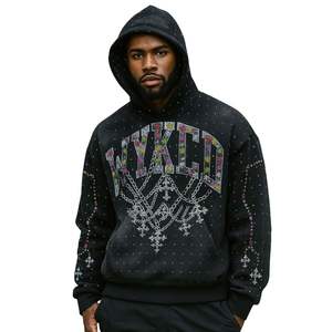 Sudadera con capucha oversize de algodón grueso con lavado ácido vintage para hombre, con logo de diamantes de imitación bordado personalizado, efecto descolorido por el sol, estilo streetwear, de fábrica - Product Image 1