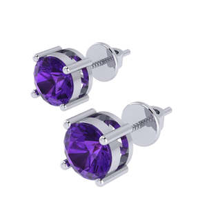 Boucles d'oreilles clous en argent sterling plaqué or avec 2 pierres rondes de 6,6 mm en améthyste, plaqué or blanc/jaune/rose, bijoux fins - Product Image 2