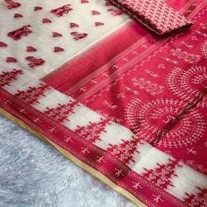 Sari de algodón Khadi con hilo en contraste para mujer, estilo Jacquard Latkan Pallu, blusa con tejido Butta, hecho en India, en stock. - Product Image 1