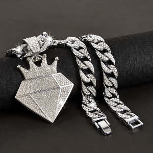 Collier chaîne cubaine en argent 925 plaqué or avec pendentif diamant de laboratoire, serti pavé de pierres rondes, bijoux hip-hop pour homme - Product Image 1
