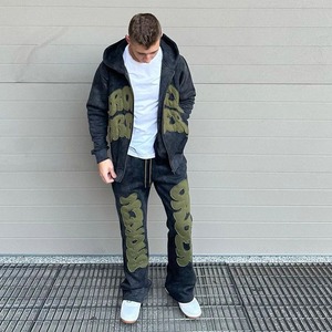 Ensemble de survêtement unisexe de haute qualité avec broderie et fermeture éclair délavée, ensemble de pantalons de survêtement et sweat à capuche personnalisés et lourds avec lavage à l'acide - Product Image 5
