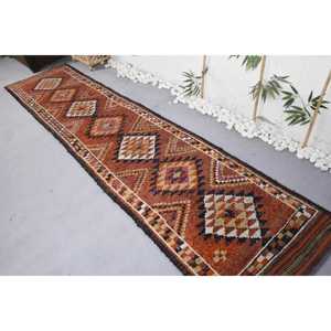 Turkish Herki Runner Rug 2.7x11.6 ft (81x354 cm), Vintage <b>Brown</b> Moroccan <b>Wool</b> Rug - Product Image 4