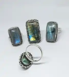 Bague en pierre de Labradorite naturelle, fabrication indienne, argent et laiton