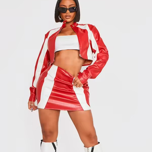 Streetwear Stripe Patchwork Moto Style PU Veste En Cuir Femme Manteau D'hiver Zip Up Outwear Biker Racing Vestes Chic - Product Image 1