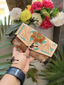 Cartera de mano tallada, funda de teléfono de embrague, elegante, multiusos, de cuero occidental, Color turquesa, Cartera de flores para mujer - Product Image 2