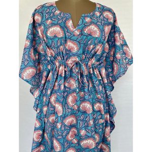 Robe de maternité confortable style kimono kaftan d'été, imprimé indien floral brodé, 100% coton, paréo de plage - Product Image 1