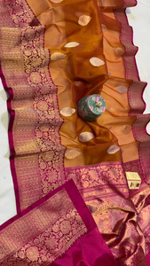 Sari en soie organza Banarasi 100% pure, tissé à la main, tissage complexe, protection solaire traditionnelle, bordure en soie parfaite - Product Image 3