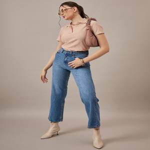 Beige T-<b>shirt</b> Polo Neck Knitted Polyester Tshirt Casual Summer Wear with <b>Women's</b> T-<b>shirt</b> Regular Length - Product Image 5