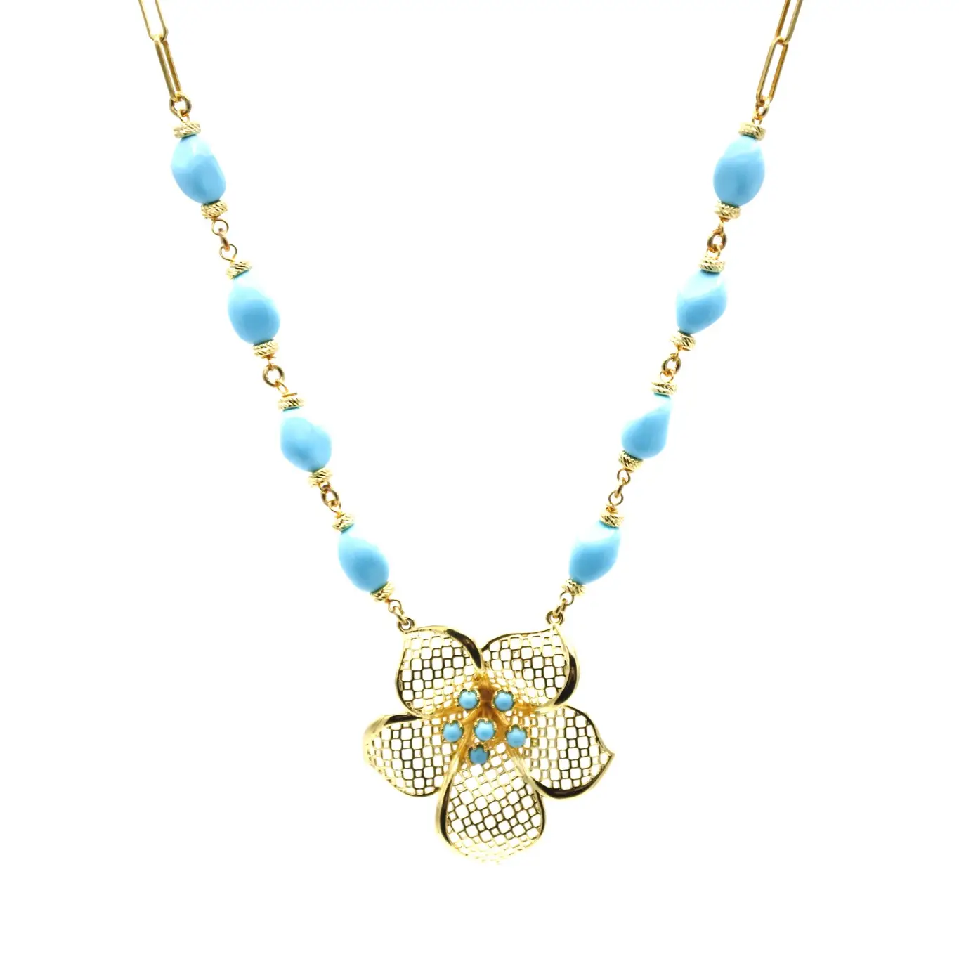 Necklace in 925 Silver plated in 750 Gold with chain alternating turquoise stones and final flower with net effect carving