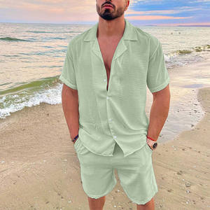 Ensemble 2 pièces en tricot de polyester/coton pour homme |   Chemise décontractée à manches courtes à fleurs + short |   Tenue d'été respirante | - Product Image 3