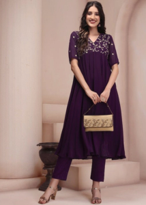 Ensemble Kurta Anarkali et pantalon en Georgette brodé pour femme Trendmalls (E55-Violet) - Coupe ample infroissable pour fêtes et mariages - Product Image 3