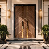 Porte d'entrée double en bois style Art déco avec incrustations dorées, porte extérieure en bois de luxe pour entrée de villa