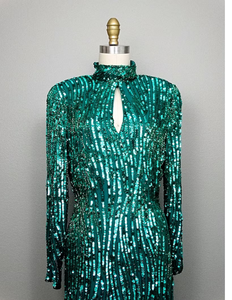 Deslumbrante Vestido de Lentejuelas de Jade, Vestido de Gala con Cuello Alto y Mangas Largas con Cuentas Verdes para Salir de Noche y Fiestas - Product Image 1