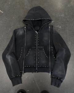 Sweat à capuche vintage personnalisé pour hommes, poids lourd, délavé à l'acide, triple fermeture éclair, délavé, noir, style Boxy sale - Product Image 6