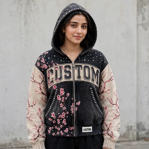 Custom Floral Print <b>Rhinestone</b> Hooded <b>Jacket</b> Streetwear Style Oversized Fit Unisex Spring Wear Y2K Letterman <b>Jacket</b> 100% Cotton - Product Image 1