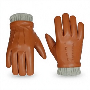 Gants d'hiver en cuir marron pour hommes avec doublure en laine, gants chauds coupe-vent en peau de mouton avec poignets côtelés - Product Image 1