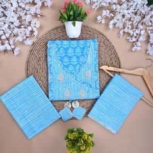 Costume indien traditionnel en coton non cousu sérigraphié avec vêtements ethniques bleu ciel Dupatta (SHKS1099) - Product Image 1