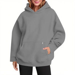 Sudadera con Capucha para Mujer, Estilo Informal, Holgada, Color Sólido, Talla Grande, Color Gris - Product Image 2