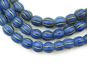Antique African Tribal Trade <b>Beads</b> Blue Melon Striped Pattern Handcrafted <b>Crystal</b> Lampwork Glass <b>Beads</b> for Jewelry - Product Image 2