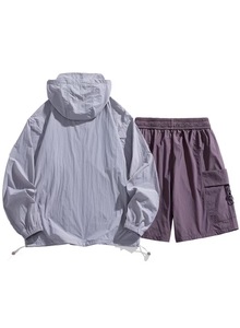 Ensemble Homme Léger à Capuche Veste et Short Couleur Unie Décontracté Tenue d'Automne Manches Longues Fermeture Éclair Coupe Ample 2 Pièces - Product Image 2