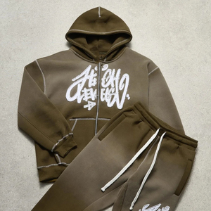 Custom Sweat Stack Pant Trajes de chándal de lavado ácido puff impreso Zip up Sudadera con capucha y pantalones de chándal acampanados Conjunto de chándal para hombres - Product Image 2