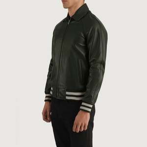 Walton Casual Green Leather Varsity <b>Jacket</b> with <b>Sheepskin</b> Cowhide Hoodie Collar Zippered ODM Supplied for Autumn Season XS Size - Product Image 2