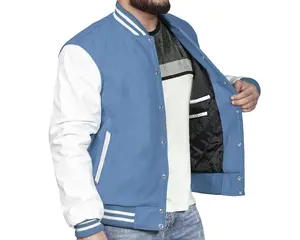 Letterman USA jaqueta bomber de beisebol masculina do time do colégio, lã azul celeste e couro branco