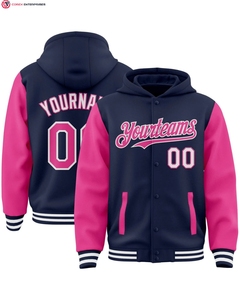 Veste à capuche bicolore de haute qualité noir rose-blanc Full-Snap Varsity Letterman 100% coton broderie placement avant - Product Image 5