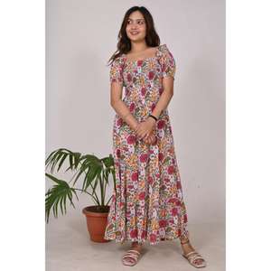 Robe en coton bohème pour femme, motif floral, style kurti long fait à la main, idéale pour les vêtements décontractés et d'été - Product Image 4