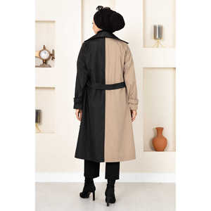 Manteau trench bicolore pour femme, crème-noir, imperméable, long, doublure en lin, tissu en laine, ceinture en fourrure, pour l'automne, modèle 100MD-10016 - Product Image 6