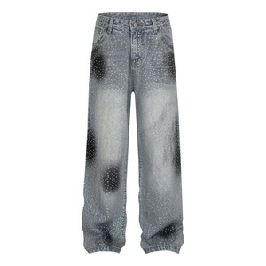 Jean droit en denim délavé pour homme, style streetwear personnalisé, avec strass, haute qualité, fermeture éclair - Product Image 2