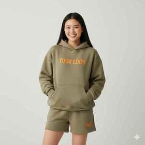 ชุดเซ็ตเสื้อฮู้ดแขนสั้นสีพื้นสไตล์ลำลองแฟชั่นฤดูร้อน พร้อมกางเกงขาสั้นเหนือเข่า ผ้าแคนวาส - Product Image 1