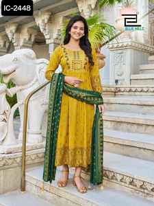 Estilo indio y pakistaní Georgette bordado trabajo Kurti Palazzo Sky Party Wear Set conjuntos de mujer con Fancy Chanderi Dupatta - Product Image 6