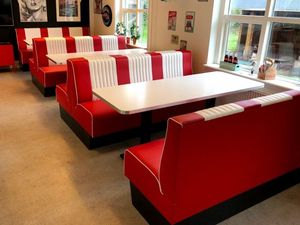 Set di Sedute per Diner Americano Retrò con <span class=keywords><strong>Tavolo</strong></span>, Arredamento per Ristorante, Caffè, Hotel e Bar in Pelle PU Rossa e Bianca - Product Image 6